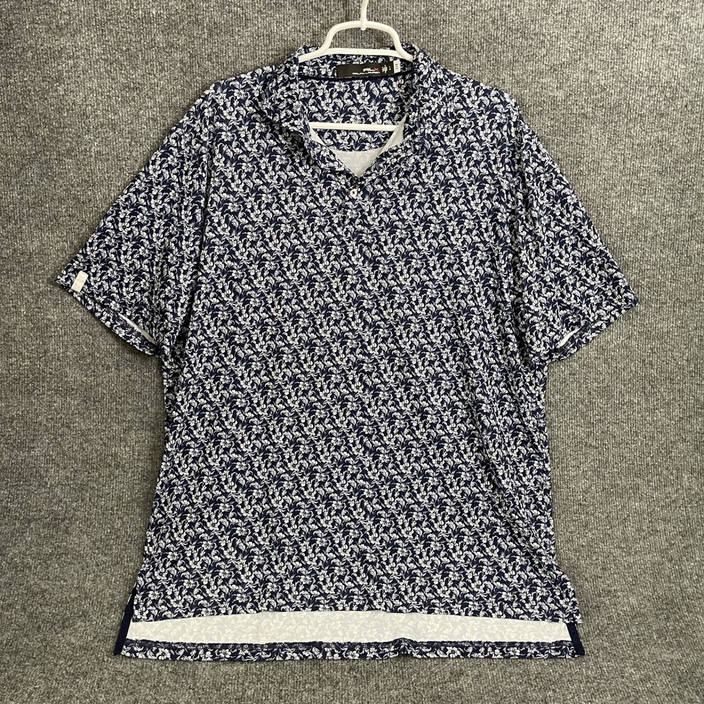 RLX Ralph Lauren Golf Polo Shirt Mens Sz L Navy Blue White Floral Performance